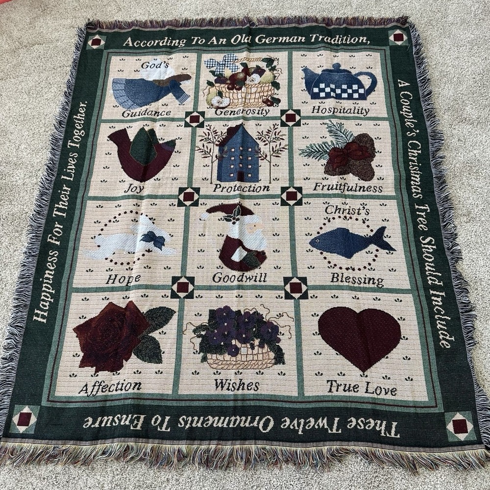 Vintage Woven Tapestry Throw Blanket German Christmas ornament tradition Couples